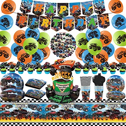 Youther 191Pcs Monster Trucks Birthday Party Supplies, Includes Happy Birthday Banner, Cake Topper, Cupcake Toppers, Balloons, Tablecloth, Plates, Knives, Forks, Spoons, Napkins,Cups, Straws|Stickers