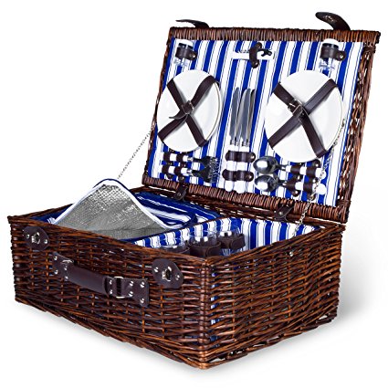 4 Person Wicker Picnic Basket: Deluxe Woven Willow Vintage Hamper Set - Porcelain Plates, Stainless Steel Silverware, Opener and Glass Wine Glasses; Free Cold Storage Bag; Extra-Large 22 by 15 in.