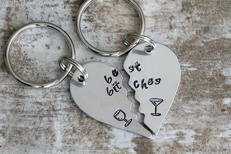 Best Bitches key chain set Pick your stamp; a martini glass, wine glass, beer mug, or coffee mug 2 piece set Aluminum broken heart