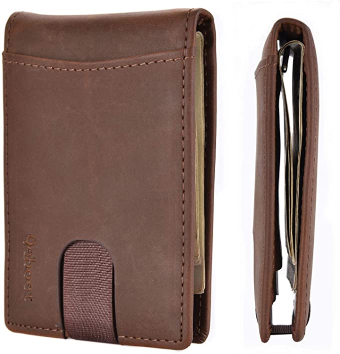 Qeboet RFID Blocking Slim Bifold Genuine Leather Minimalist Front Pocket Wallets for Men with Money Clip (crazy horse brown)