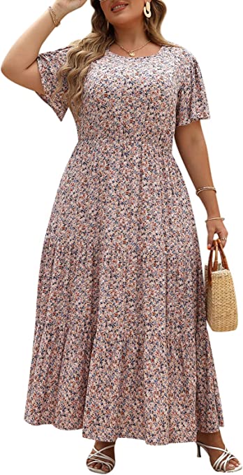 Nemidor Womens Plus Size Boho Ditsy Floral Print Casual Layered Flared Maxi Dress with Pocket NEM304