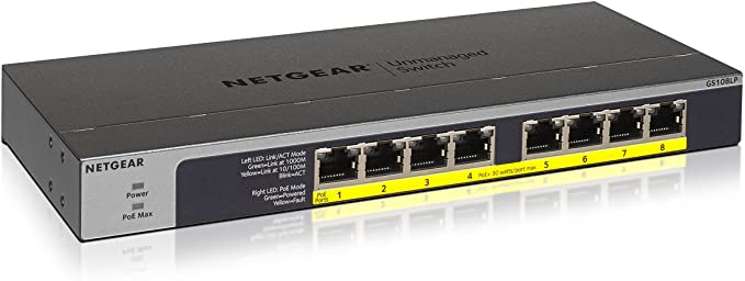 NETGEAR 8-Port Gigabit Ethernet PoE Network Switch, Hub, Internet Splitter (GS108LP) - with 8 x PoE  @ 60W Upgradeable, Desktop/Rackmount, and ProSAFE Lifetime Protection