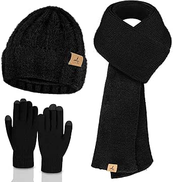 Winter Beanie Hat Scarf Gloves, Warm Fleece Knit Hat Long Scarf Neck Warmer Touch Screen Winter Gloves Set Gifts for Women