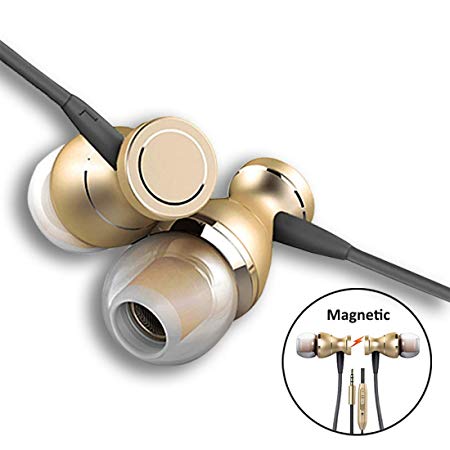 PTron Magg Headphone Magnetic Earphone with Noise Cancellation in-Ear Wired Headset with Mic for All Smartphones (Gold)