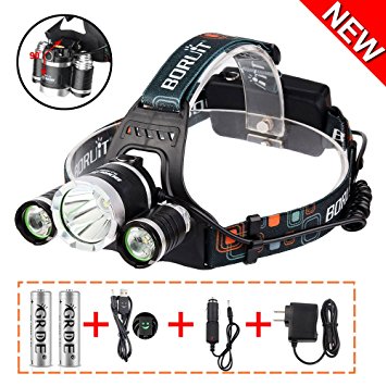 4 Modes 4000 Lumens 3 Cree XM-L T6 Beams LED Headlamp Headlight , Hands-free Flashlight , Waterproof Head Light Lamp Torch , for Hiking Camping Night Fishing Running Camping Riding , 2 pcs 18650 Batteries Included