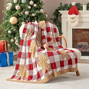 Snuggle Sac Gingerbread Man Throw Blanket Red White Plaid Checkered Blanket 50x60 inches, Ultra Soft Cozy Throw Blanket for Couch, Sofa and Bed for Xmas