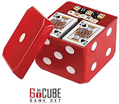 6-IN-1 Dice Cube Game Set - by GAMIE - Board Game and Casino Set – Includes Chess, Checkers and Backgammon, 2 Decks of Playing Cards, Poker Chips, Poker Dice and Dominoes - Complete Kit for Family Fun