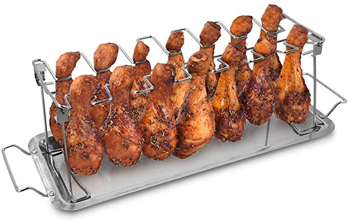 Navaris Stainless Steel Chicken Leg & Wing Rack - 14 Slot Roaster Stand for Chicken Legs, Wings, Drumstick with Drip Tray for Smoker Grill or Oven