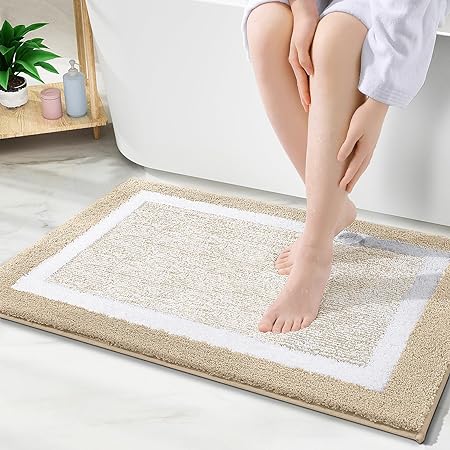 OLANLY Bathroom Rugs 36x24, Extra Soft and Absorbent Microfiber Bath Mat, Non-Slip, Machine Washable, Quick Dry Shaggy Bath Carpet, Suitable for Bathroom Floor, Tub, Shower (Beige and White)