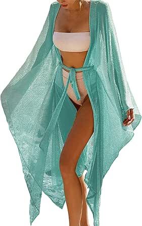 Bsubseach Women Sparkly Kimono Swimsuit Cover Up Mesh Sheer Long Cardigan Tie Front Bikini Cover Ups Beachwear Resort Wear