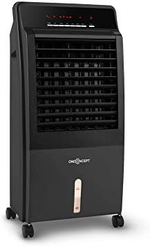 OneConcept CTR-1-4-in-1 Air Cooler Fan Humidifier Air Purifier, Ioniser, Water Tank: 8 Litres, Air Flow: 360 m³ / h, Power Consumption: 65 Watts, Mobile, Remote Control Included - Black