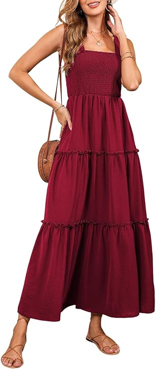 Dokotoo Summer Dress Casual Womens Sleeveless Midi Dress with Pockets Pleat Long Tiered Maxi Dress