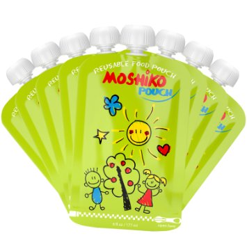 Reusable Food Pouch by Moshiko - Large 6oz. capacity (8-Pack) Perfect for Homemade, Wholesome, and Organic Baby Food - Suitable for Babies, Toddlers and Kids of All Ages - Refillable, Double Zipper, Easy to Clean, Freezable, BPA Free