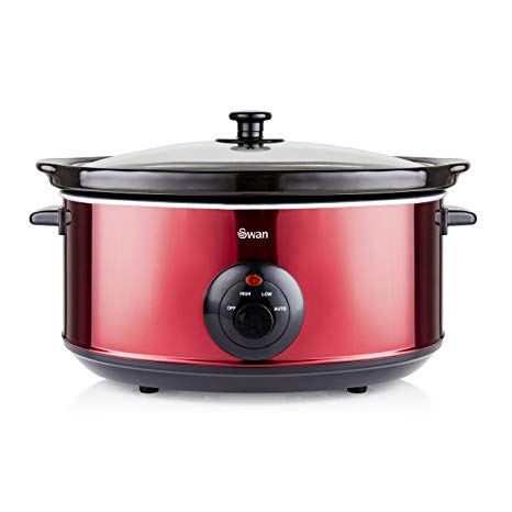 Swan SF17030ROUN 6.5 Litre Oval Stainless Steel Slow Cooker with 3 Cooking Settings, 320W, 6.5 Litre, Red