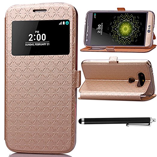 LG G5 Case, bdeals Multi-Functional Window View PU Leather Flip Folio Book Style Card Slots Wallet Case for LG G5   1 Stylus Pen (Golden)