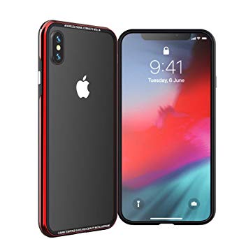 R-Just Crystal Clear iPhone x Case, iPhone Xs Case, Metal airframe Tempered Glass Back Shell case for iPhone10 iPhone Xs (Red)