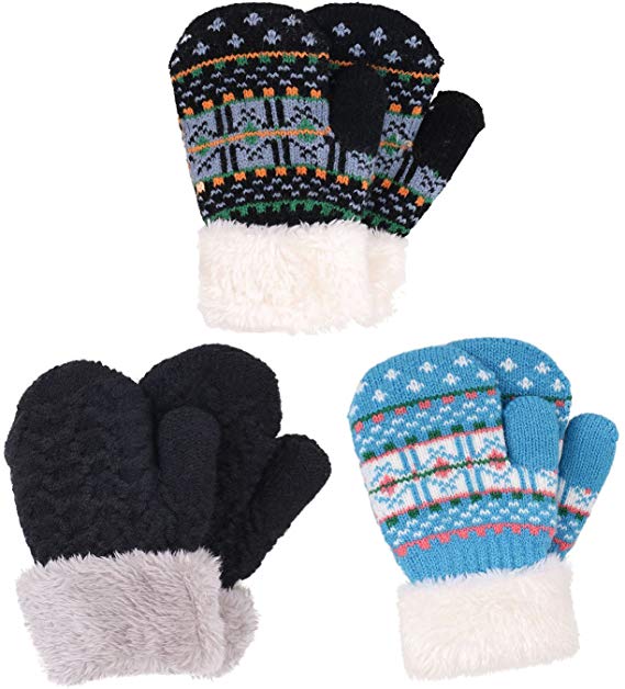 Arctic Paw 3 Pairs Kids' Sherpa Lined Knit Mittens Boys Girls Winter Gloves