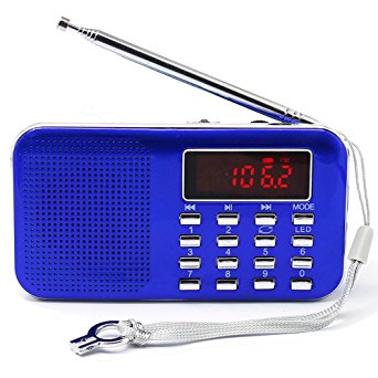 Mifine Mini Digital AM/FM Pocket Radio Fashion Stereo Sound Portable Speaker Mp3 Music Player Support TF Card / USB Disk with LED Screen Display and Emergency Flashlight Function(C896 blue)