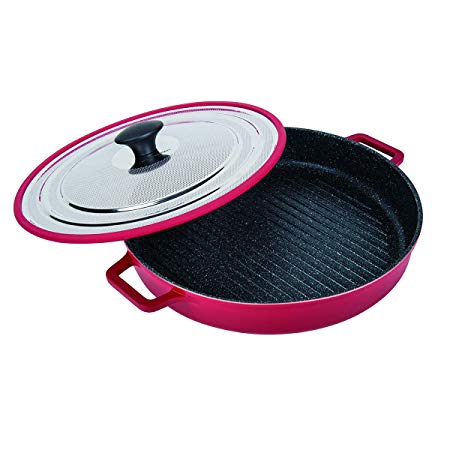 MasterPan Non-Stick Stovetop Oven Grill Pan with Heat-in Steam-Out Lid, nonstick cookware, 12", Red, MP-106
