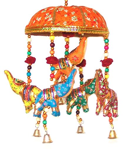 Indian Traditional Elephant Orange Umbrella Hanging Layer Of Five Elephant Door Hanging , Decorative Hanging