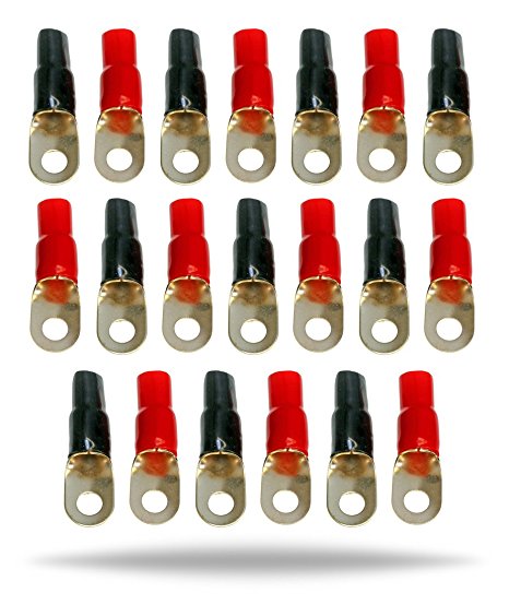 InstallGear 1/0 Gauge Awg 5/16" Crimp Ring Terminals Connectors (20 Pack Bulk / 10 Positive, 10 Negative)