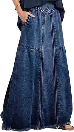 CHARTOU Women's Retro Elastic High Waist Frayed A-Line Maxi Denim Skirt with Pockets