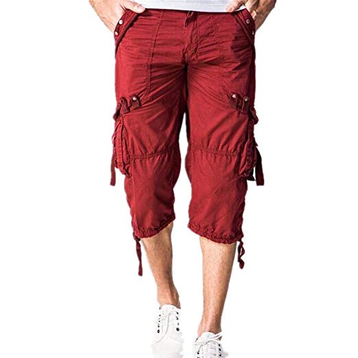 Hzcx Fashion Mens Washed Cotton Long Capris Multi-Pockets Casual Cargo Shorts