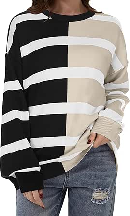 Zeagoo Womens Striped Oversized Sweater 2024 Crew Neck Long Sleeve Knitted Color Block Casual Loose Pullover Top