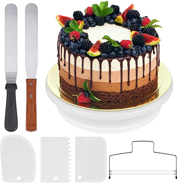 InnoGear Cake Turntable, Rotating Cake Stand with 2 Angled Palette Knifes, 3 Cream Scraper for Cake Making, Cake Decoration