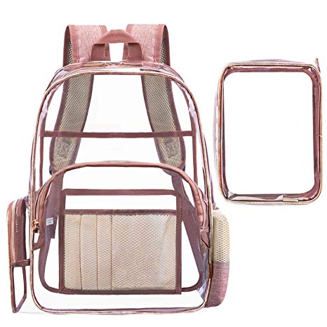 Clear Backpack for School Stadium Approved Transparent Bookbag See Through Student Backpack with Pencil Case for Teen Girls Boys Adults Heavy Duty PVC Bag for Colloge Work Travel(15.6",Rose Gold)