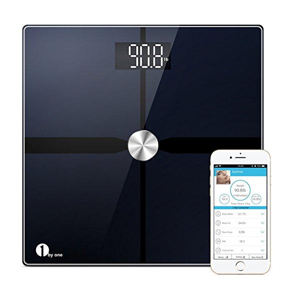 1byone Bluetooth Body Fat Scale with IOS and Android App, Smart Digital Bathroom Weight Scale, Body Composition Analyzer, ITO Conductive Surface Technology - Black