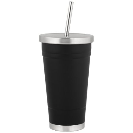 Stainless Steel 16 oz Double Walled Tumbler in Black with two Drinking Straws and Cleaning Brush by HomeLife Solutions