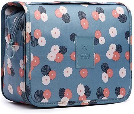 HaloVa Toiletry Bag, Cosmetic Bag, Travel Makeup Case Essentials Storage Organizer for Women Men, with Hanging Hook, Blue Flower