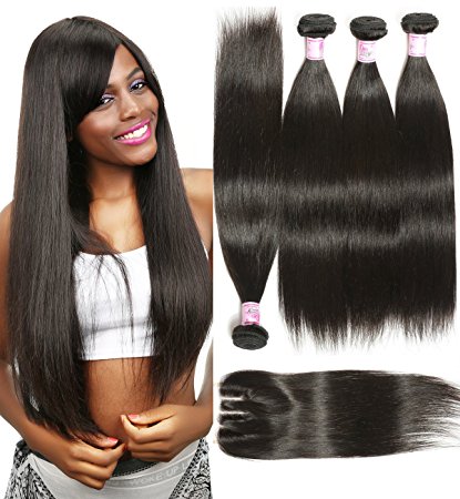 Beauty Forever Hair Brazilian Virgin Straight Hair Weave 3 Bundles with 1 Piece 3 Part Lace Closure 100% Unprocessed Human Hair Extensions Natural Color (10 12 14+ 10closure)