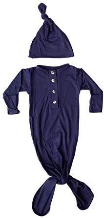 Newborn Knotted Baby Gown and Hat Set Navy Blue, Soft and Stretchy Sleep Gown 0-3 Months, Coming Home Outfit Boy