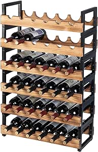 MyGift 6-Tier Freestanding Wine Bottle Rack with Burnt Solid Wood Shelf and Industrial Matte Black Metal Frame, Large Horizontal Wine Bar Storage Stand for 36 Bottles