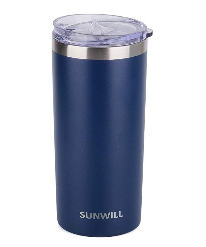 SUNWILL Coffee Mug with Lid, Vacuum Insulated Skinny Tumbler Lowball, Double Wall Stainless Steel Coffee Cup for Travel, Indoor and Outdoor 14oz, Powder Coated Navy Blue