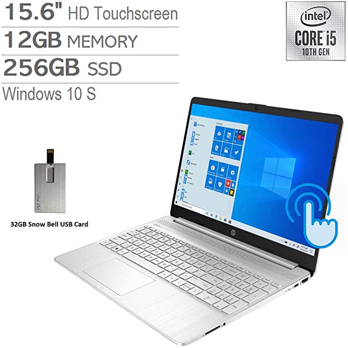 2020 HP Pavilion 15.6" HD Touchscreen Laptop Computer, Intel 10th Gen Core i5-1035G1 CPU, 12GB RAM, 256GB PCIe SSD, HD Audio, HD Camera, HDMI, USB-C, Intel UHD Graphics, Win 10S, Silver, 32GB USB Card