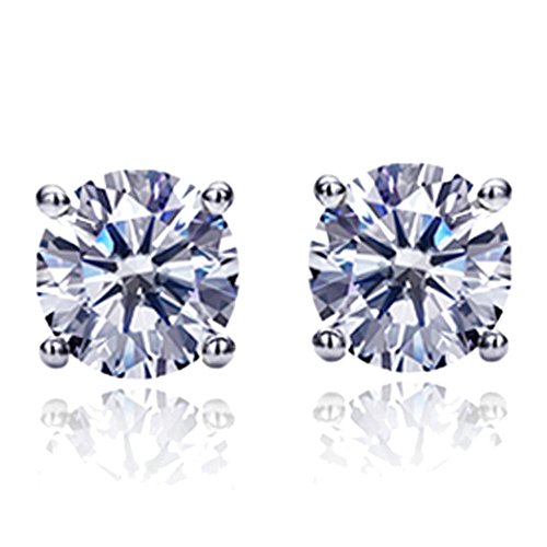 14K White Gold Round Cubic Zirconia Basket Setting Solitaire Stud Earrings (Other Sizes)