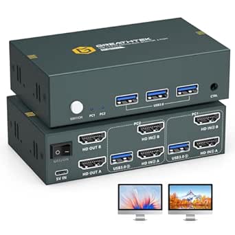 8K USB3.0 HDMI KVM Switch 2 Computers 2 Monitors 2 Port Dual Monitors Switches for 2 PC Or 2 Laptops Share Keyboard & Mouse,Resolution 8K@60HZ,with EDID