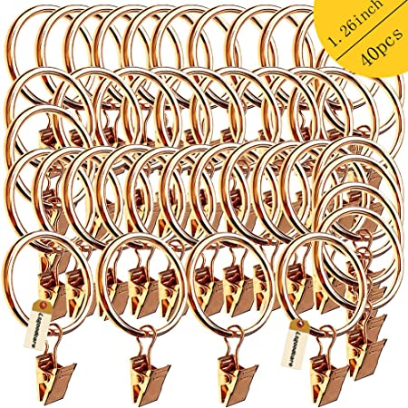 Lsgoodcare Curtain Clips with Rings Light Gold, Strong Metal Decorative Curtain Clip 126. Inch, Rustproof Drapery Clip Rings Pack of 40