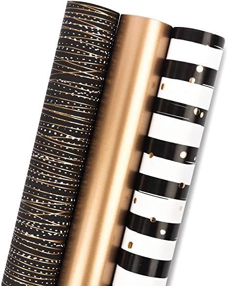 MAYPLUSS Wrapping Paper Roll - Mini Roll - 17.3 inch X 120 inch Per roll - 3 Different Black Gold Stripe Design (43.2 sq.ft.ttl)
