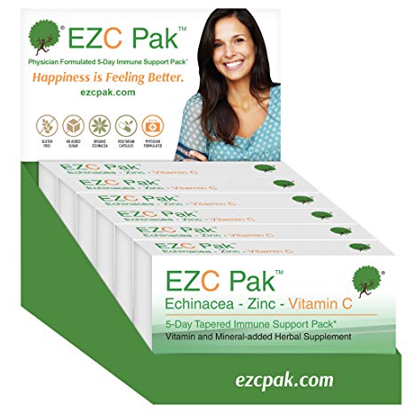 EZC Pak 5 Day Immune Support Boost For Cold and Flu - 6 Pack - Echinacea, Zinc and Vitamin C, Physician Designed 5 Day Tapered Pack