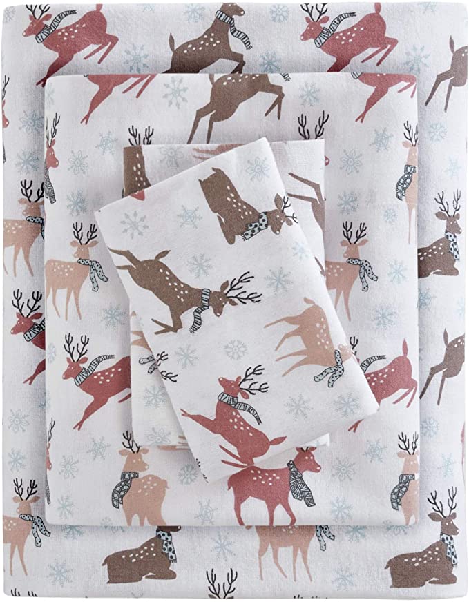 True North by Sleep Philosophy Cozy Flannel Warm 100% Cotton Sheet - Novelty Print Animals Stars Cute, Ultra Soft Cold Weather Bedding Set, Queen, Reindeer 4 Piece