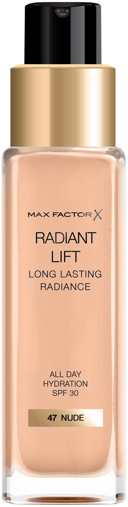 Max Factor Radiant Lift Liquid Pump Medium to Full Coverage Radiant Finish Foundation with SPF30 and Hyaluronic Acid, 047 Nude, Medium Skin Tone, 30ml