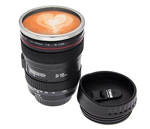 Vmoni Coffee Lens Emulation Camera Mug Cup Beer Cup Wine Cup Without Lid Black Plastic Cup&Caniam Logo 480ML Camera lens mug Lens Cup Stainless Steel Insulated Tumbler - Black