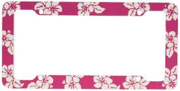 Rose Pink Hawaiian Hawaii Aloha Print with White Hibiscus Flowers Wild Series Car Truck SUV Plastic License Plate Frame