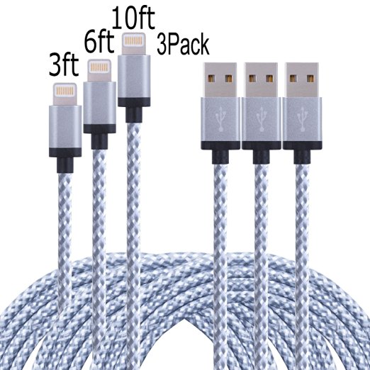 Frieso 3pcs 3ft,6ft,10ft Nylon Braided Charging Cable for iPhone 7, 7 plus, 6s 6 Plus 5s 5c 5,iPhone SE, iPad Pro, Air 2, iPad mini 4 3 2, iPod touch 5th gen / 6th gen / nano 7th gen (Gray)