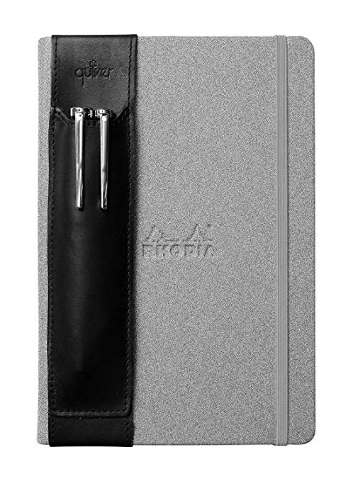 QUIVER Notebook Pen Holder | Elastic/Reusable/Non-Adhesive | for Hardcover Notebooks Like Moleskine/Leuchtturm1917/AmazonBasics Classic 8-8.5 Inches Tall (Black Leather/Black Stitching)