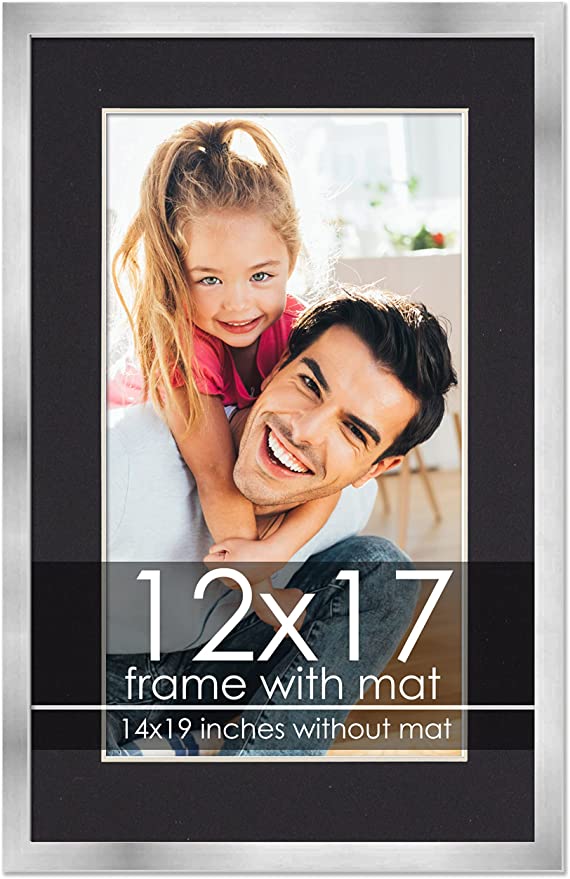 12x17 Frame with Mat - Silver 14x19 Frame Wood Made to Display Print or Poster Measuring 12 x 17 Inches with Black Photo Mat